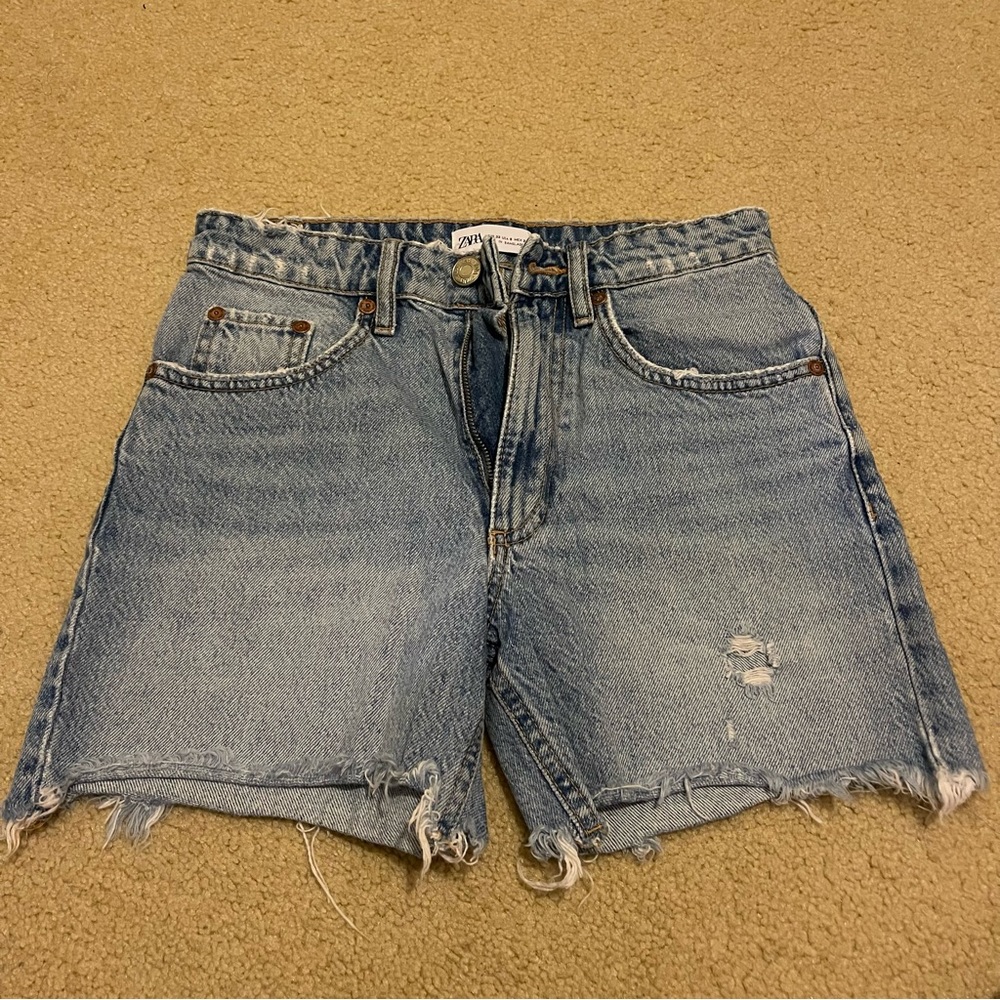 Zara Distressed Mid-Thigh Length Denim Shorts